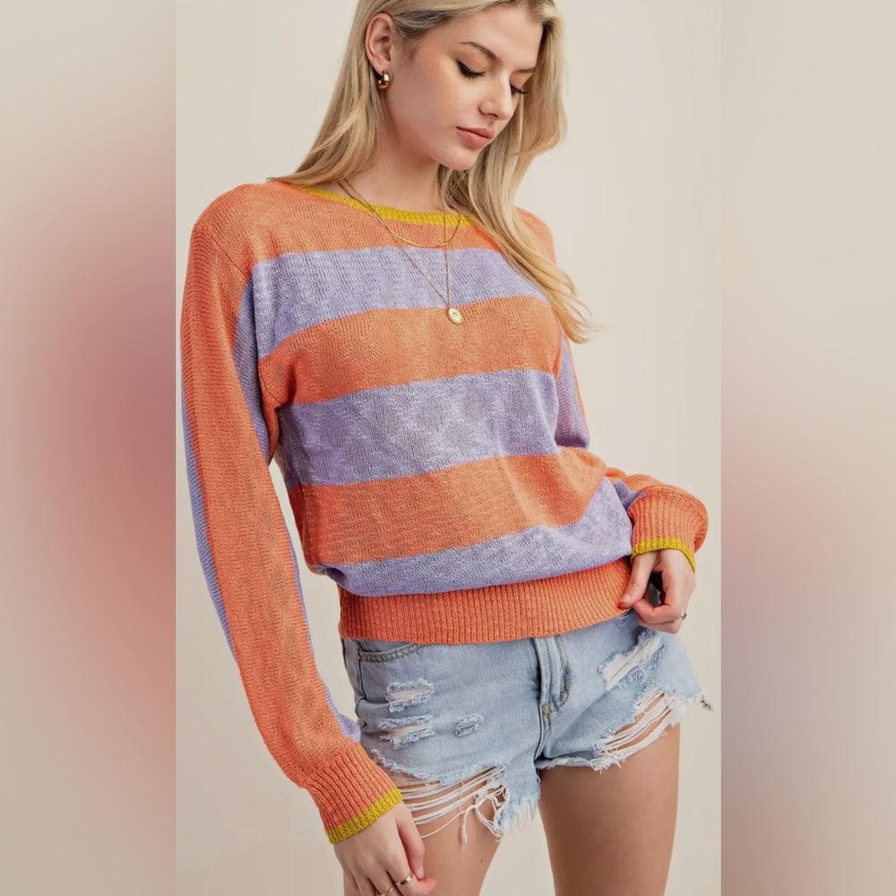 TEXTURE THREAD STRIPE LONG SLEEVE LOOSE FIT SWEATER: ORANGE-MULT NWT